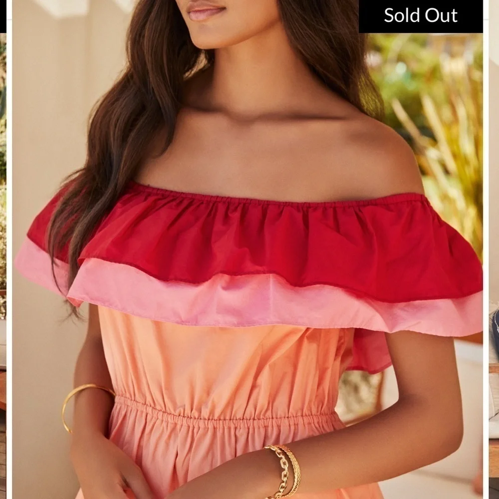 English Factory Pink, Orange, Red Off the Shoulder Maxi Dress
